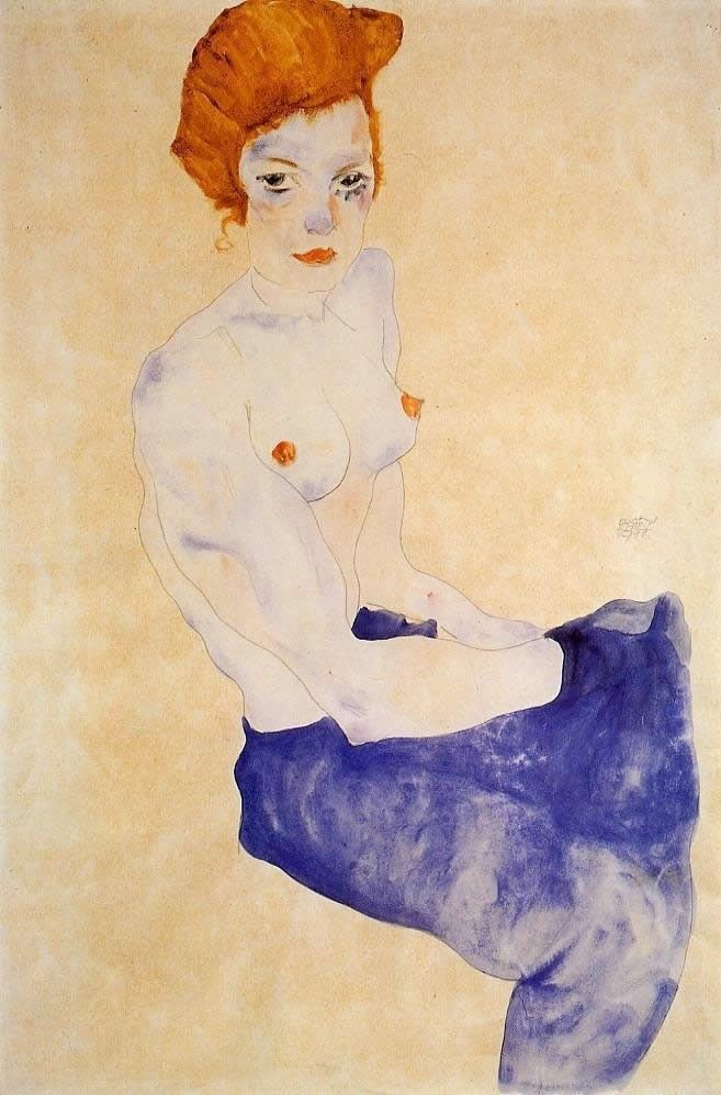 Egon Schiele Seated Girl with Bare Torso and Light Blue Skirt